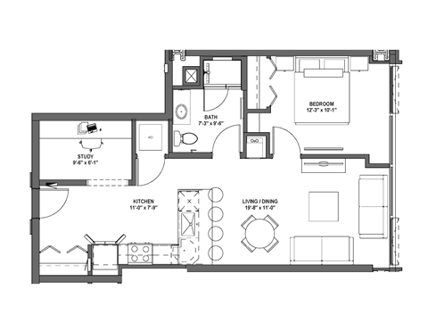 Floor plan for 1 bed, 1 bath, 765 sqft